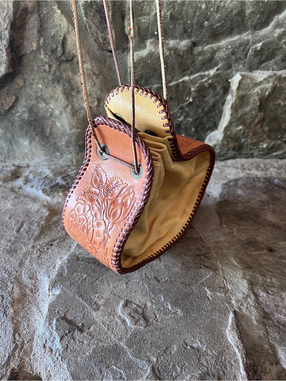 Vintage 60’s hippie Hand Tooled Brown Leather drawstring Bag
